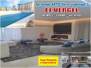 VENDO APTO CON LINEA BLANCA EN EL VERGEL, 185 MTS.2, 3 HABS., 3er. NIVEL, SUPER REBAJA, TORRE LLOBRE