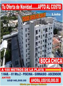 OFERTA NAVIDEÑA: APTO 1 HAB. AL COSTO EN BOCA CHICA, TORRE BOCA DEL MAR III, PISO 3, 61 Mts.2…A